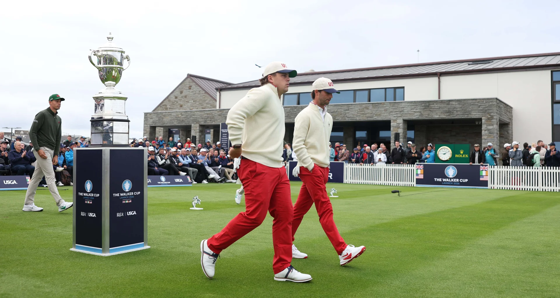 Josiah Gilbert & Ryder Cowan of the United States walk together during the Saturday Foursomes on Day One of the Walker Cup at Lahinch.