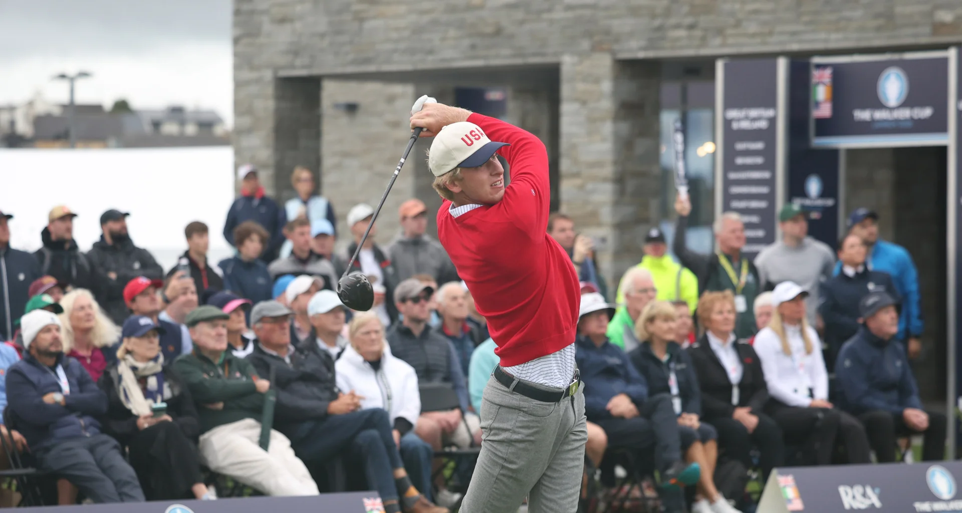 William Jennings of the United States tees off during the Sunday Foursomes on Day Two of the Walker Cup at Lahinch.