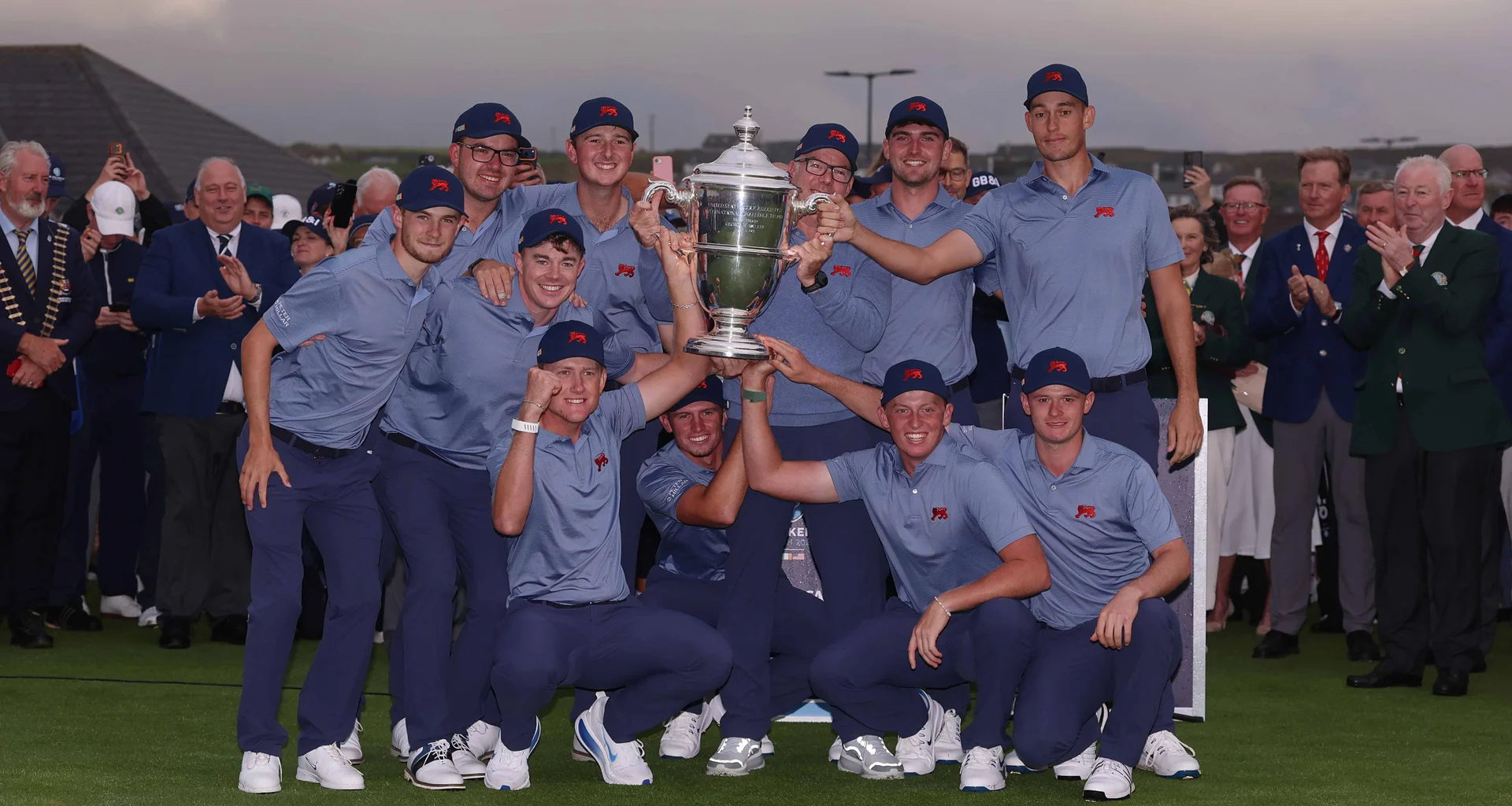 Great Britain and Ireland celebrate with the Walker Cup at Lahinch.