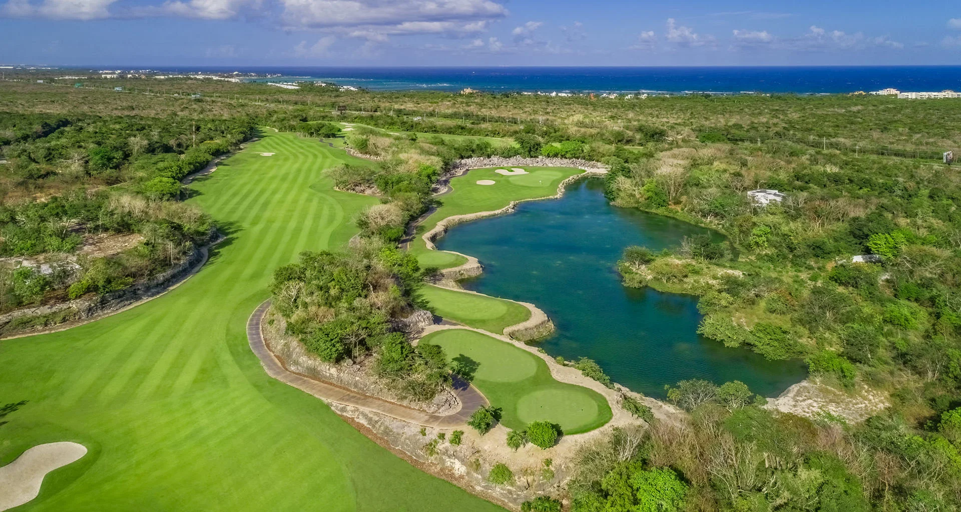 A general view of a fairway and green at the PGA Riviera Maya golf course.