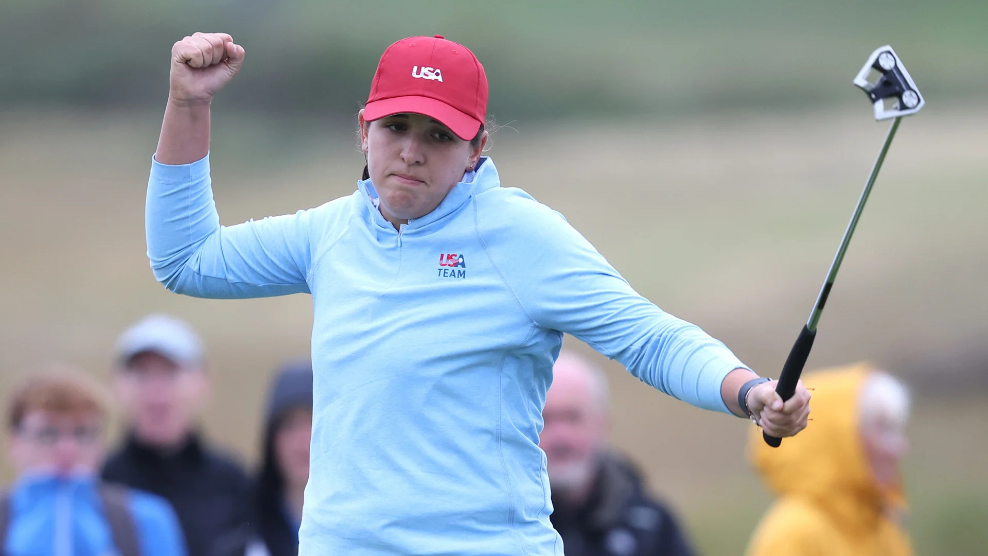 Farah O'Keefe celebrates the putt that saw her through to the final of The 122nd Women's Amateur Championship