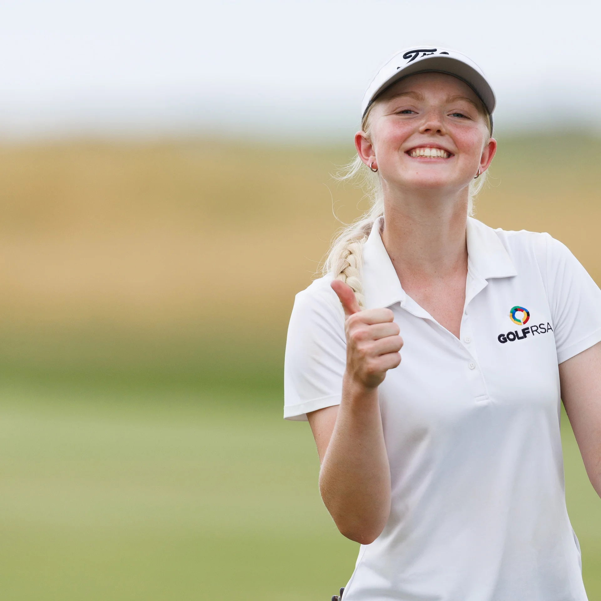 Lourenda Steyn of South Africa gestures during Day Four of the R&A Girls' Amateur Championship at Craigielaw Golf Club.