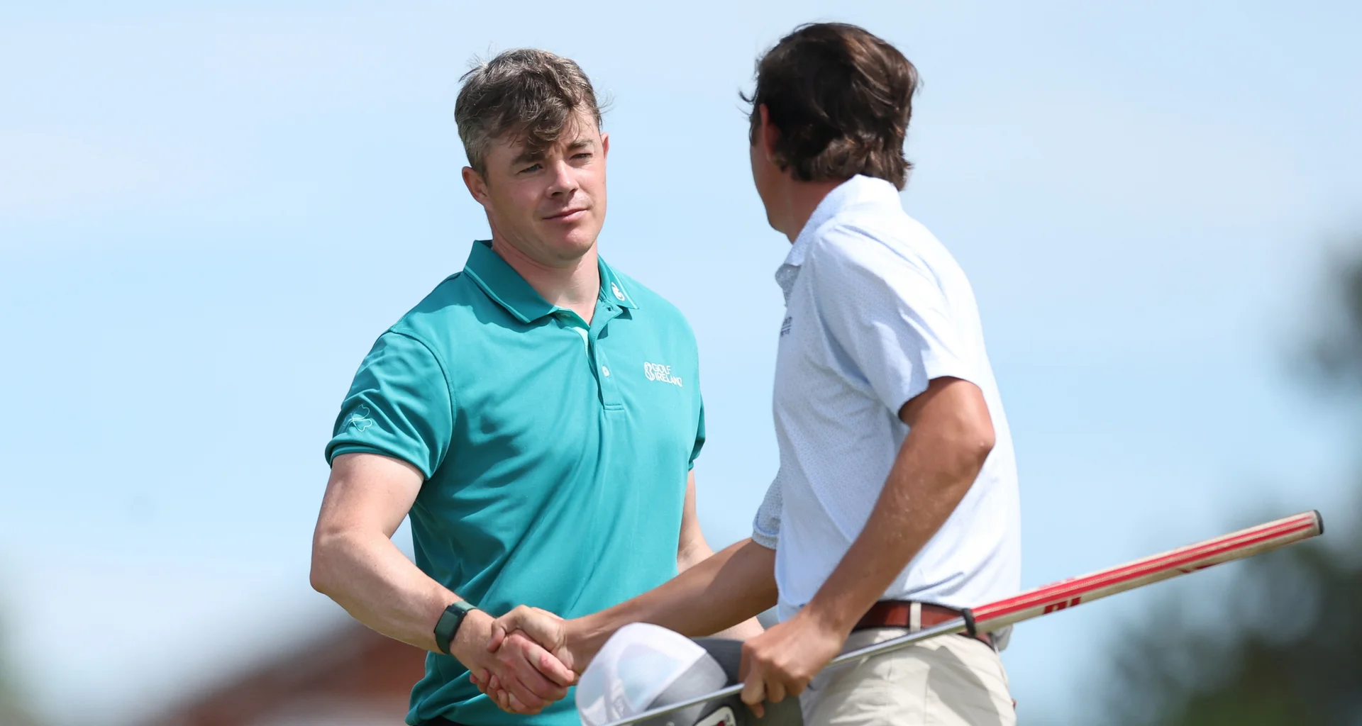 Stuart Grehan and Matt Moloney shake hands during the final of The 131st Amateur Championship at Royal Liverpool.