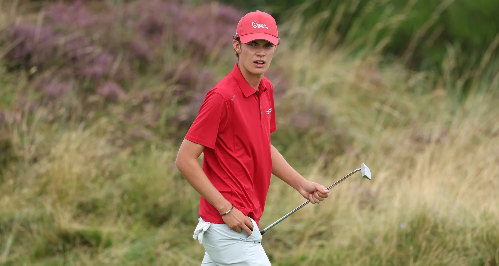 Harry Thomas in action during the 2026 Boys' Amateur Championship at Gailes Links.