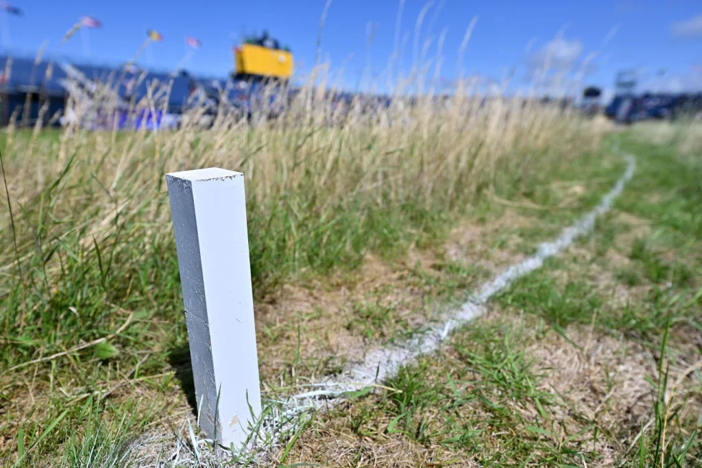 A detail view of an internal out of bounds stick on the 18th hole during a practice round prior to The 151st Open at Royal Liverpool Golf Club on July 19, 2023 in Hoylake, England. 