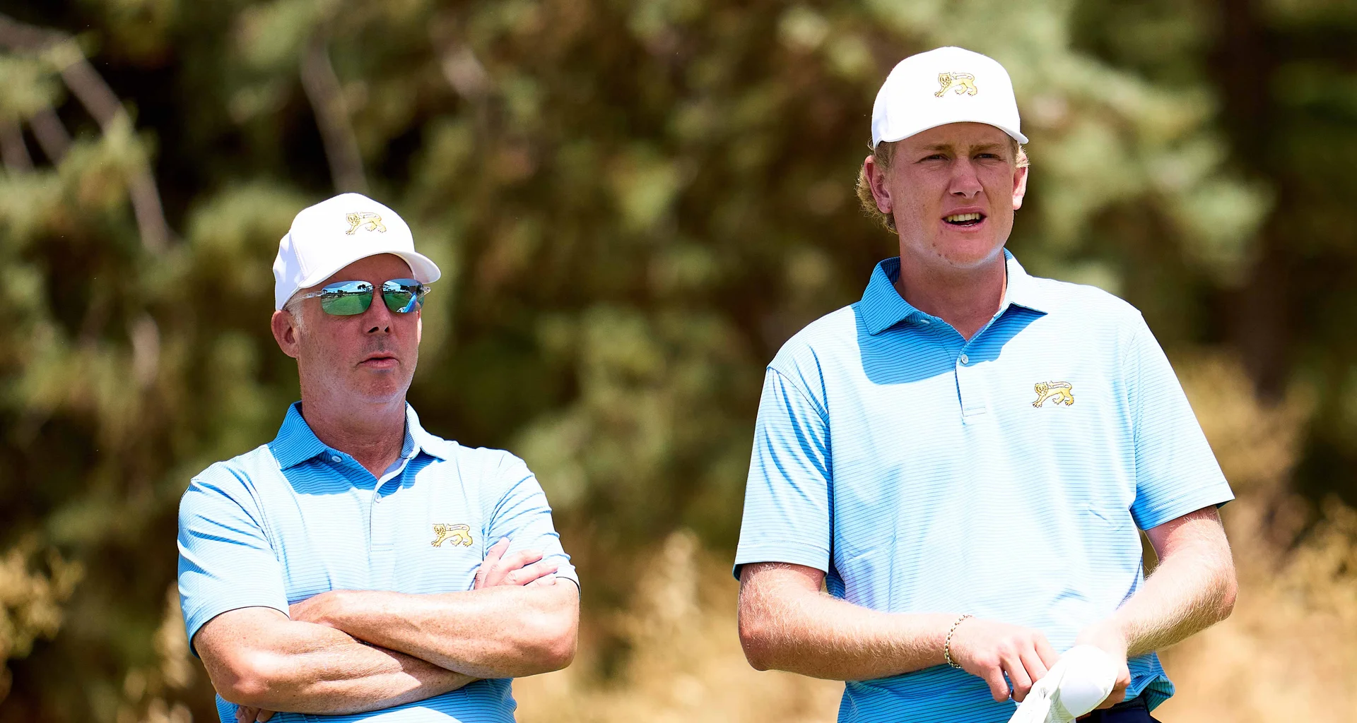 Dean Robertson, captain of the GB&I Walker Cup team for 2025, with player Luke Poulter during the St Andrews Trophy.