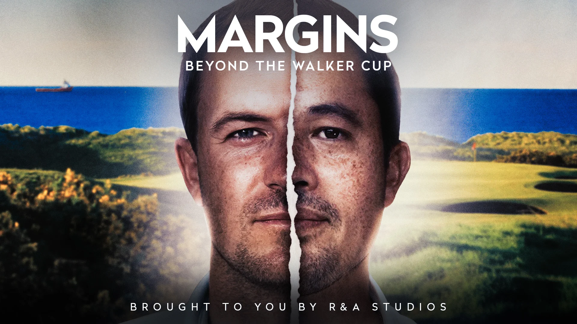 A promotional image for the R&A film 'Margins'. The image shows half of the faces of Jordan Spieth and James Byrne in front of an image of Royal Aberdeen. The accompanying text reads: Margins. Beyond the Walker Cup. Brought to you by R&A Studios.