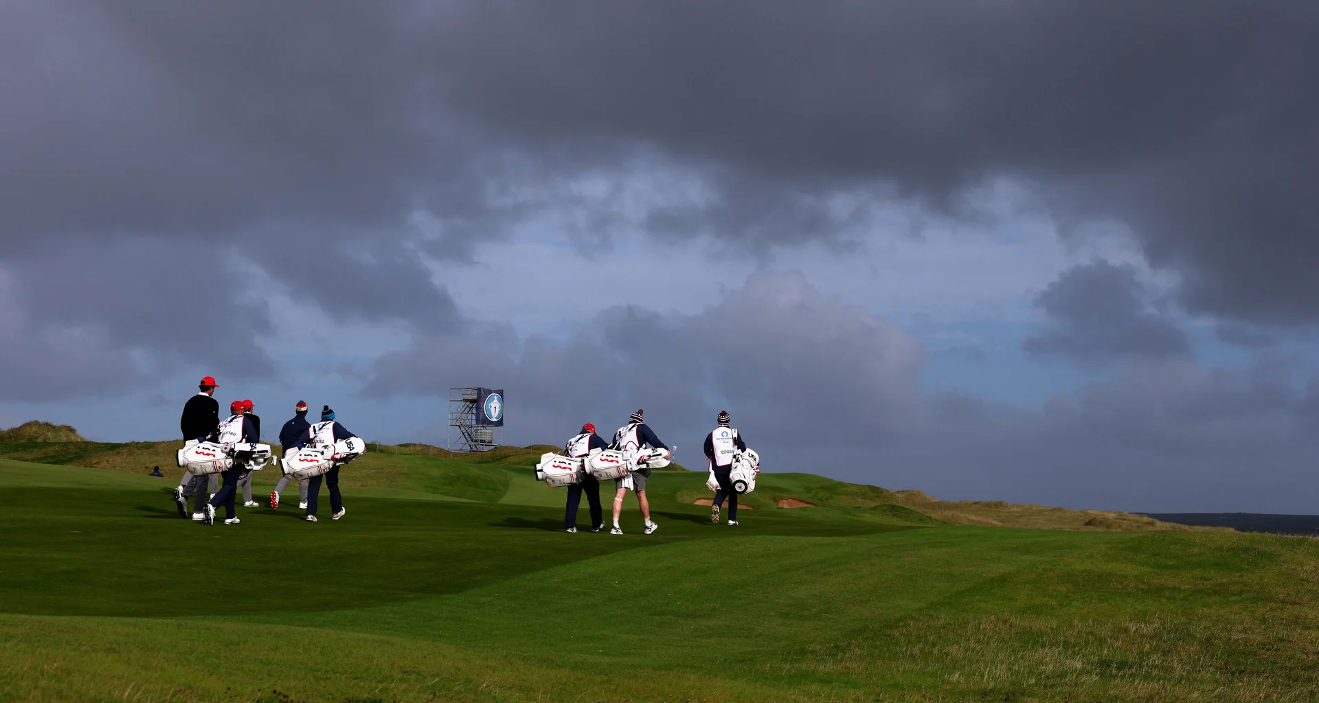 A general view as players walk during a practice round prior to the Walker Cup at Lahinch.