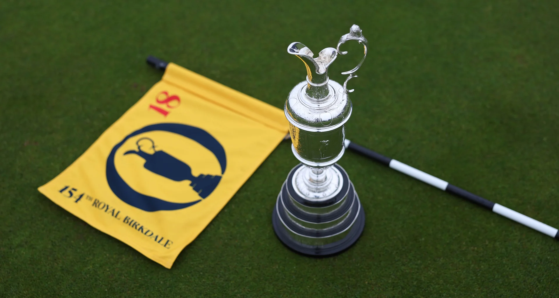A view of the Claret Jug and The Open pin flag on the 18th green at Royal Birkdale.