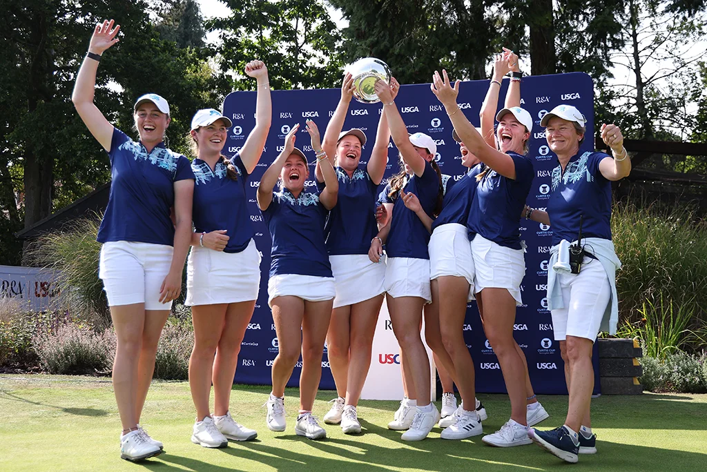 Great Britain and Ireland celebrate their Curtis Cup victory