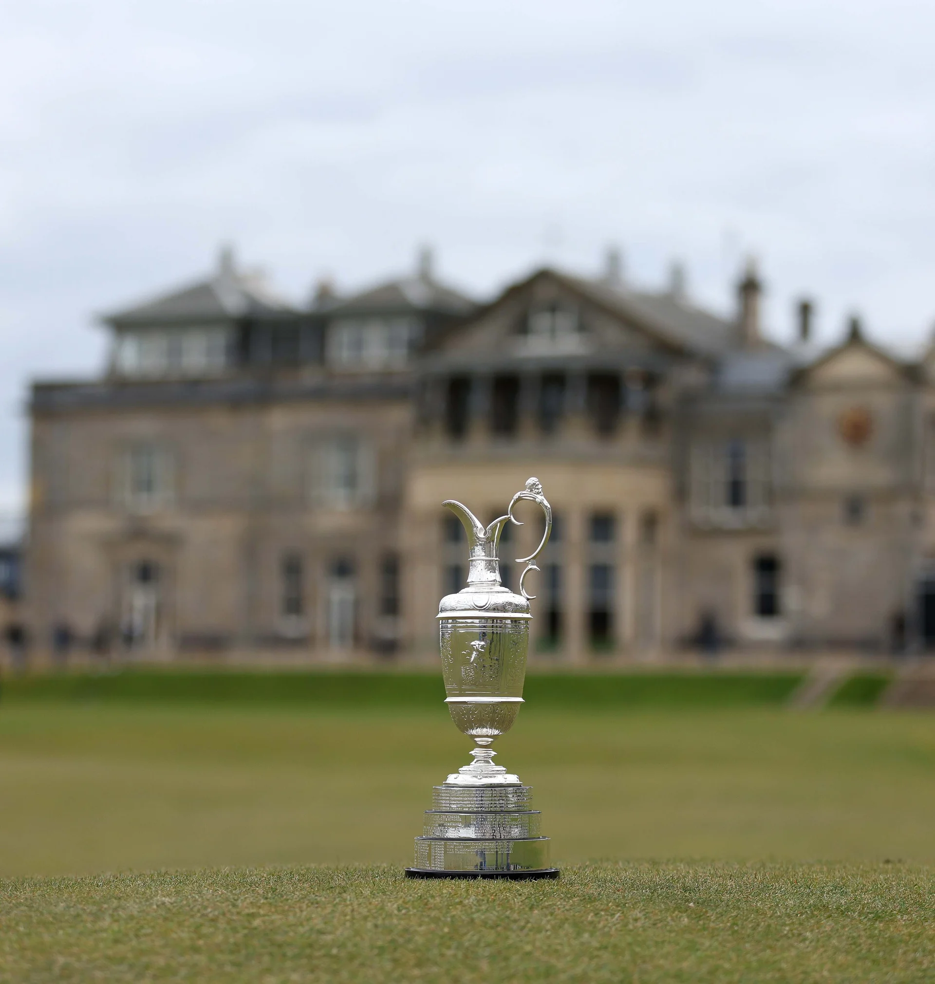 The Claret Jug sits in front of The R&A clubhouse in St Andrews.