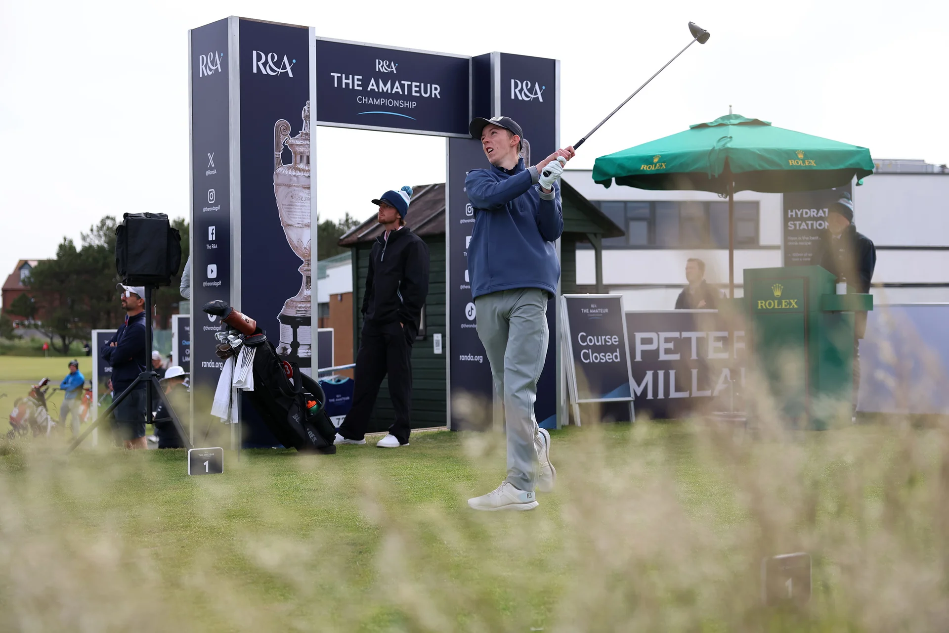 Dominic McGlinchey of Scotland tees off during Day One of the 2026 Amateur Championship at West Lancashire Golf Club.
